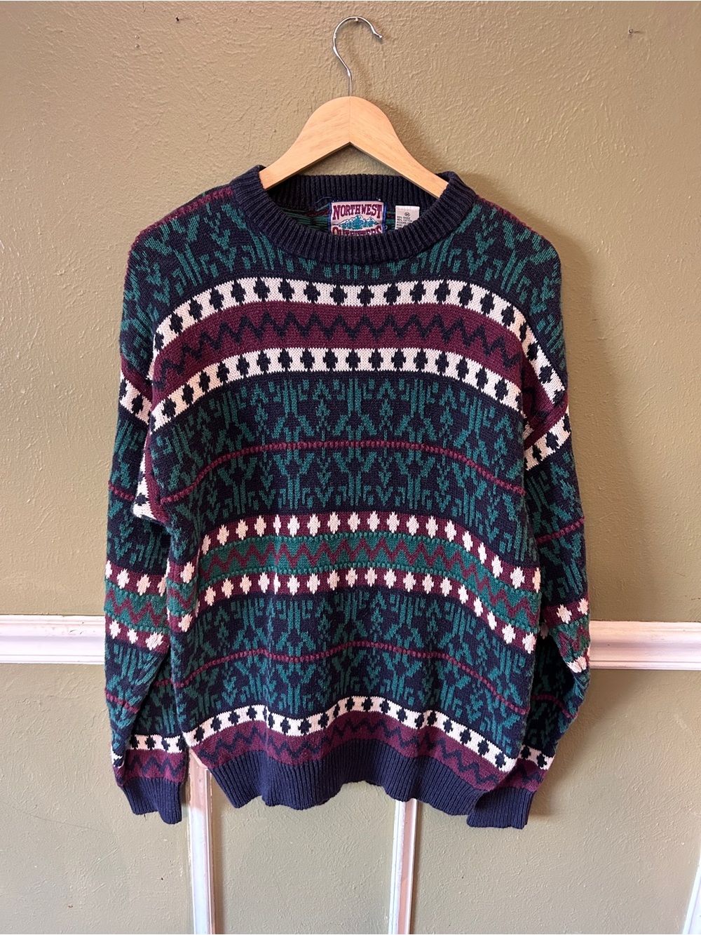 Northwest Classic Grandpa Fair Isle Crewneck Sweater in Green and Burgundy